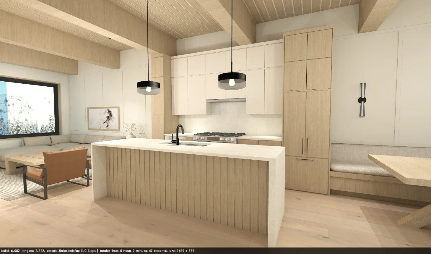 Modern kitchen with white cabinets, a kitchen island with a sink, two black pendant lights, a beige seating area, and a window showing a snowy landscape.