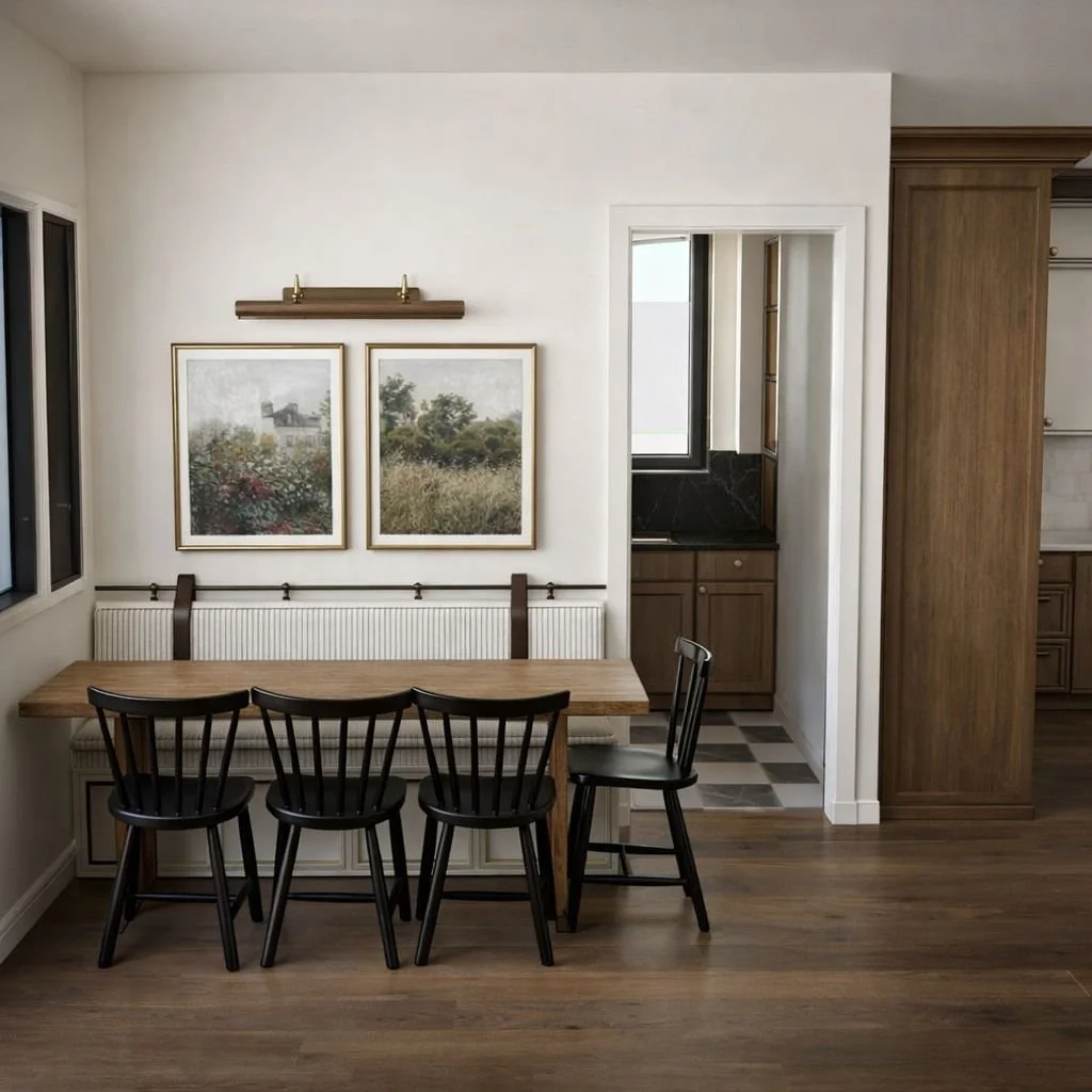 A dining area with a wooden table, four black chairs, and two framed landscape pictures on the wall. There's a window on the left and a doorway leading to a kitchen with wooden cabinets and a small window.