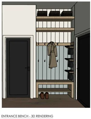 Entryway with a bench, coat hooks, shelves with baskets, and shoes, in a modern home.