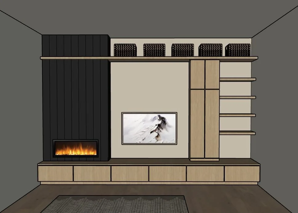 Interior view of a modern entertainment wall with a fireplace, flat-screen TV, multiple shelves, and baskets for storage.