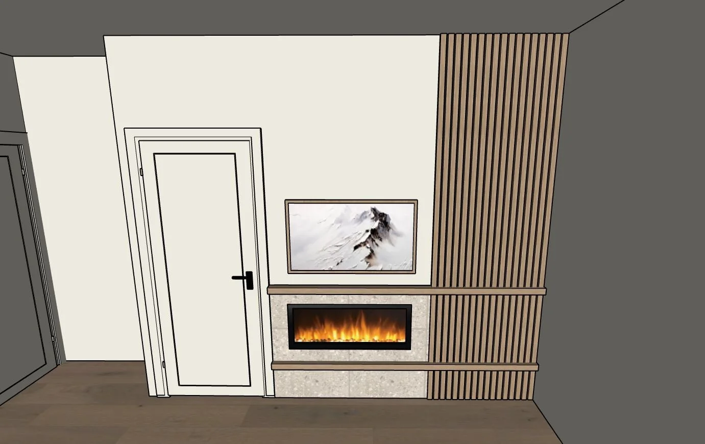 Interior living room with white wall, wooden accent panel, closed white door with black handle, framed mountain artwork, and a modern fireplace with flames.