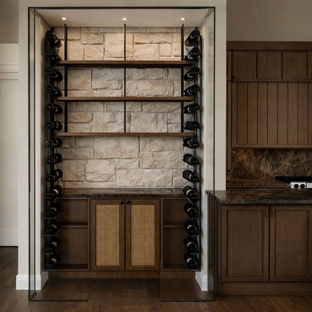 Wine storage display with black wine bottles, three wooden shelves, stone wall background, and wooden cabinetry underneath in a kitchen.