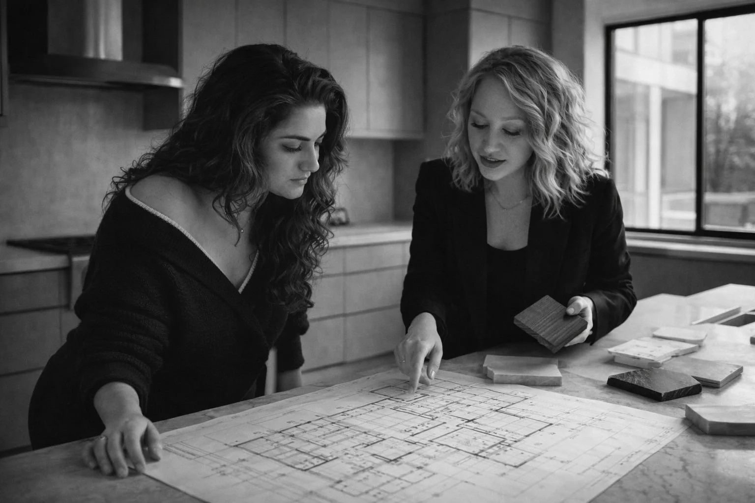 Two women discussing architectural blueprints in a modern kitchen, holding sample materials.