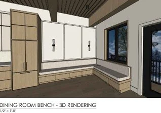 3D rendering of a dining room bench with a window and outdoor view.