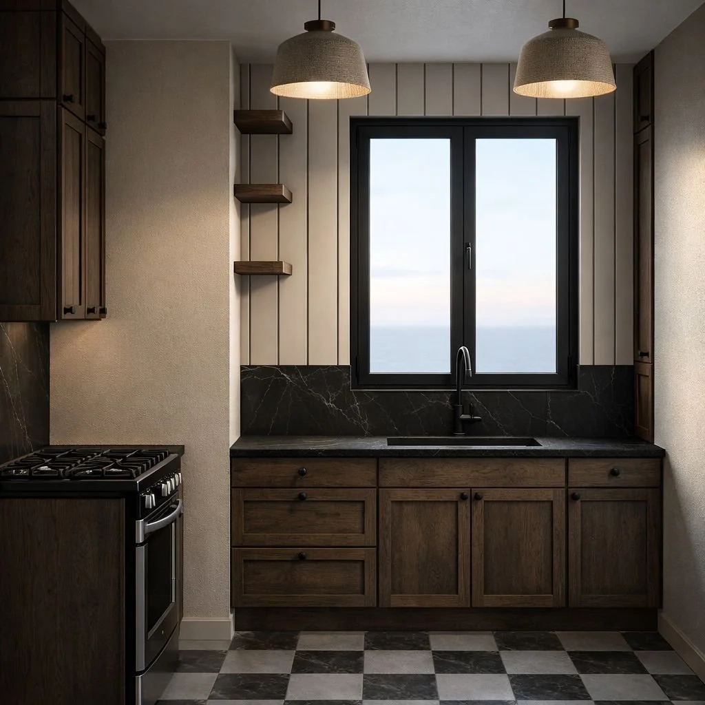 A modern kitchen with a black-framed window, wooden cabinets, black countertops, and a black and white checkered tile floor, illuminated by two ceiling pendant lights.