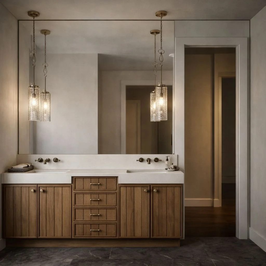 A bathroom vanity with a large mirror, wooden cabinets, and two pendant lights hanging from the ceiling.