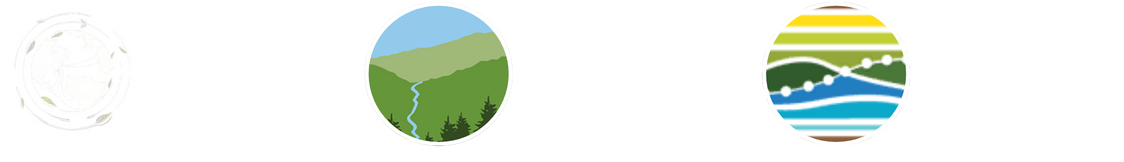 Illustration of a river flowing through green hills and mountains, with a dotted trail across a lake.