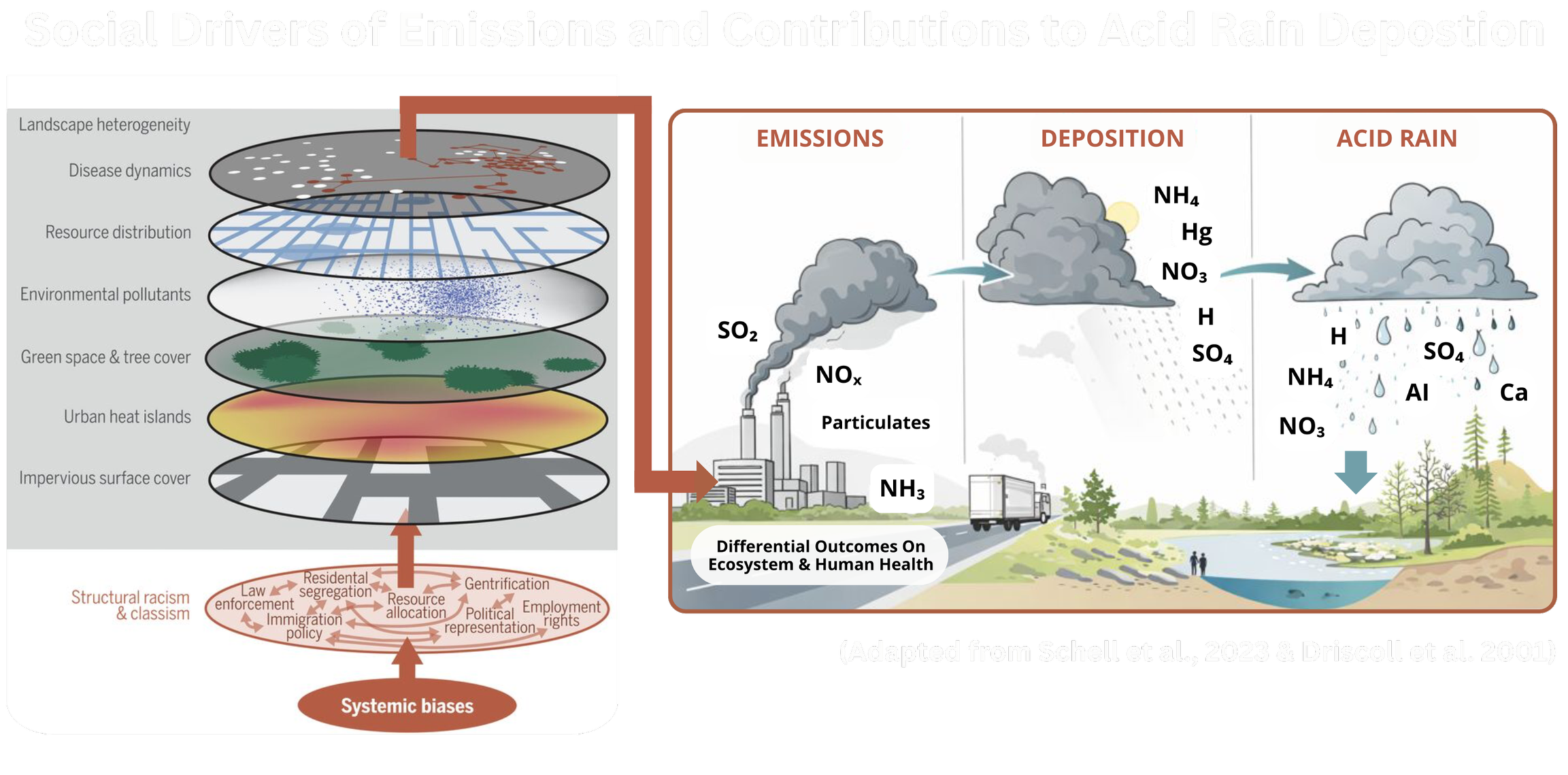 Diagram illustrating social drivers of emissions and their contribution to acid rain deposition. It highlights factors such as land use, pollution, green space, urban heat islands, and surface cover, along with systemic biases . Emissions from factories release SO2, NOx, and NH3, which lead to acid rain containing substances like NH4, Hg, NO3, H, SO4, and others, impacting ecosystems and human health.