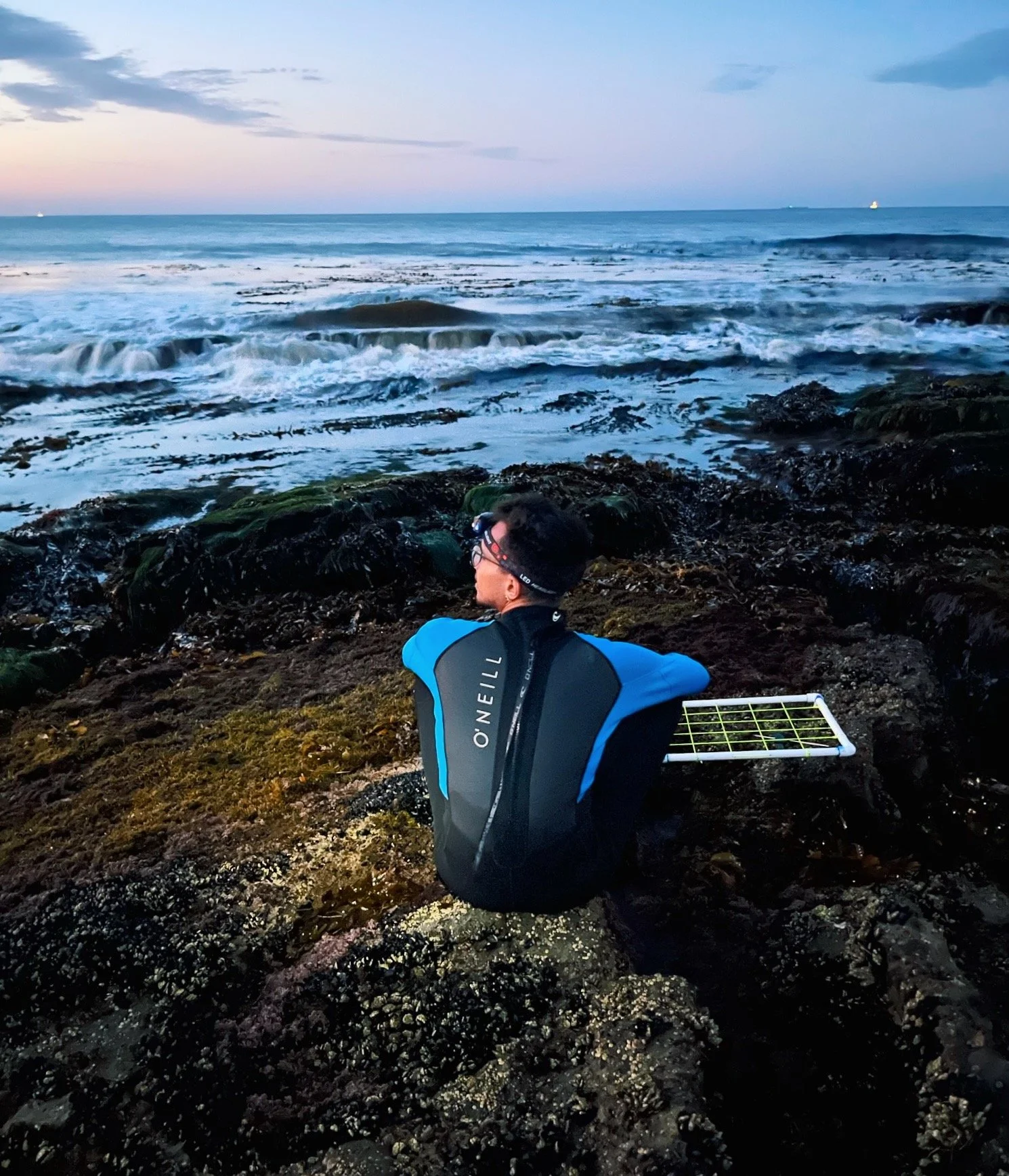 Person sitting on rocky shore facing the ocean at sunset, wearing a wetsuit and looking at the waves.