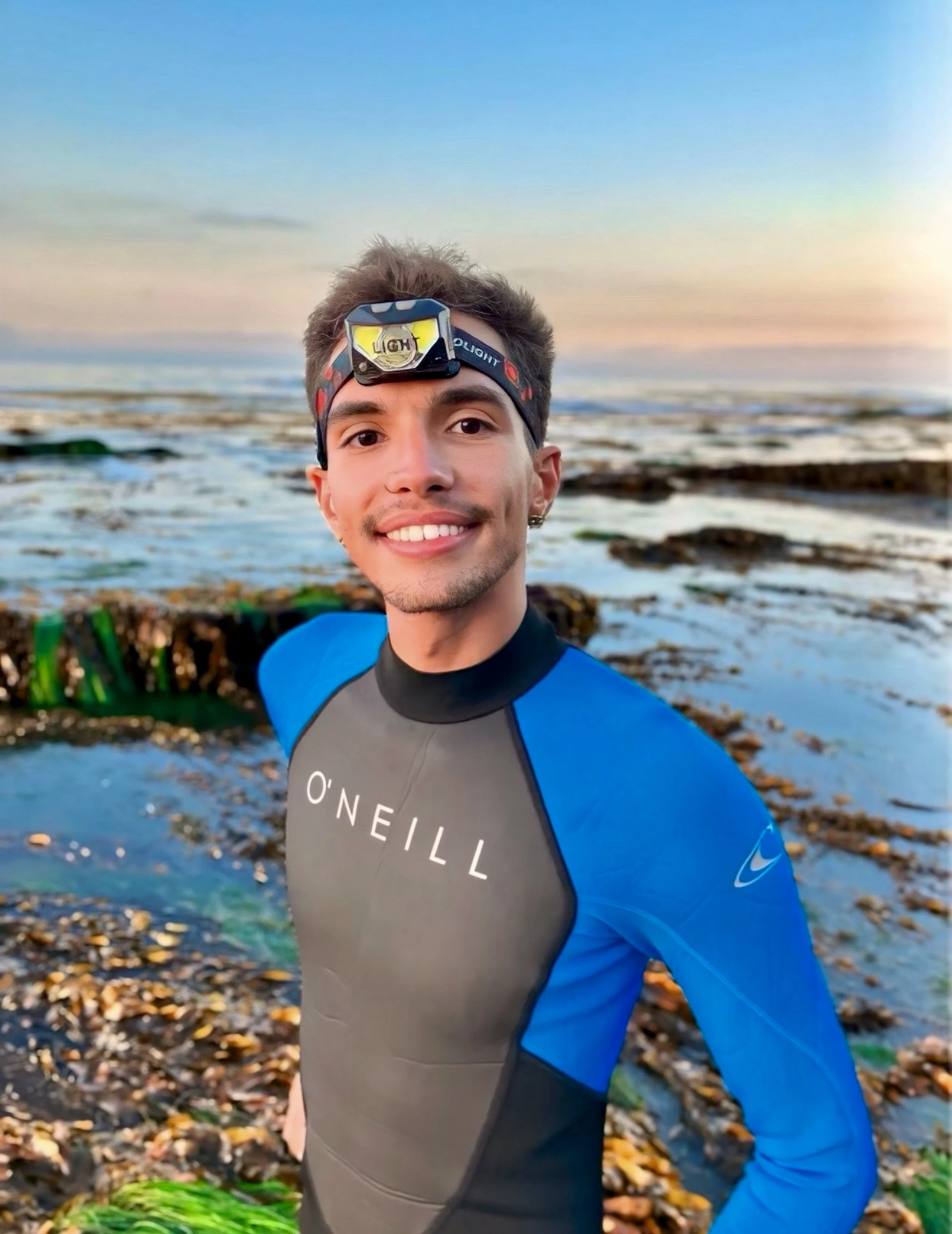 Robert J. Dellinger in a wetsuit at a rocky tidepool coastline at sunset during a field sampling trip.