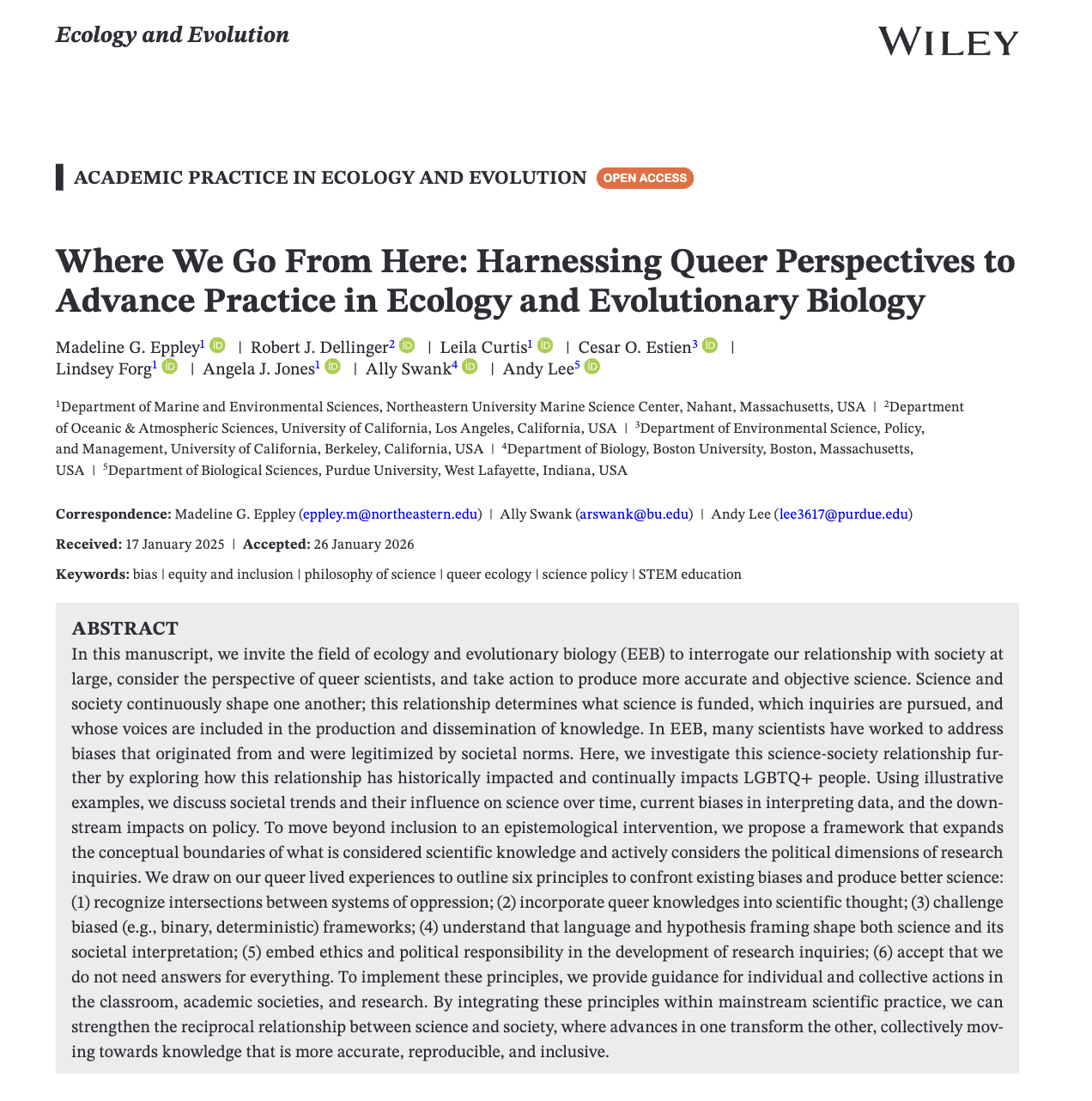 New Publication: “Harnessing Queer Perspectives to Advance Practice in Ecology and Evolutionary Biology”