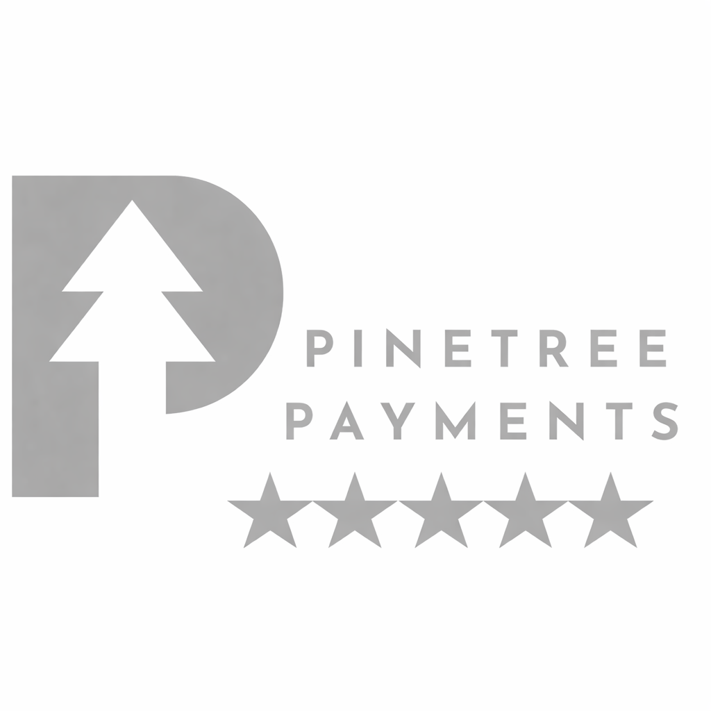 Gray logo featuring a stylized tree within a capital letter P, with the words "PINETREE PAYMENTS" to the right, and a row of five gray stars below.