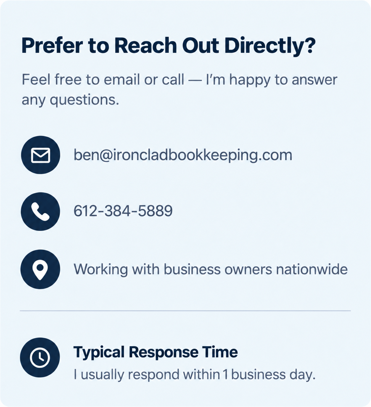 Ironclad Bookkeeping contact information for nationwide clients