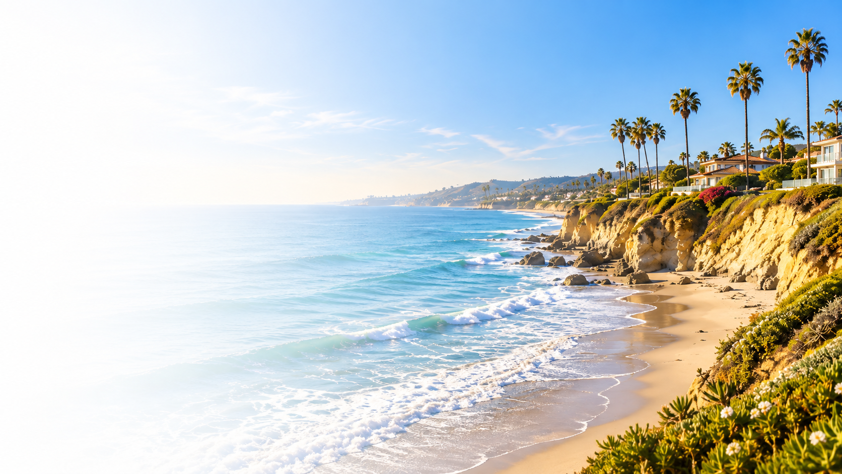 Orange County coastline with beach, cliffs, and palm trees