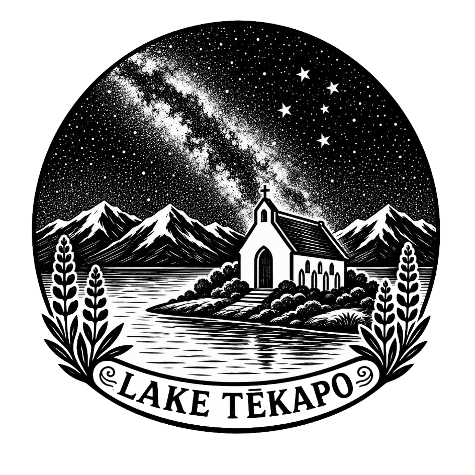 Black and white illustration of a church on a small island in Lake Tekapo, with mountains in the background and the Milky Way galaxy and stars overhead, surrounded by plants, with the text 'Lake Tekapo' at the bottom.