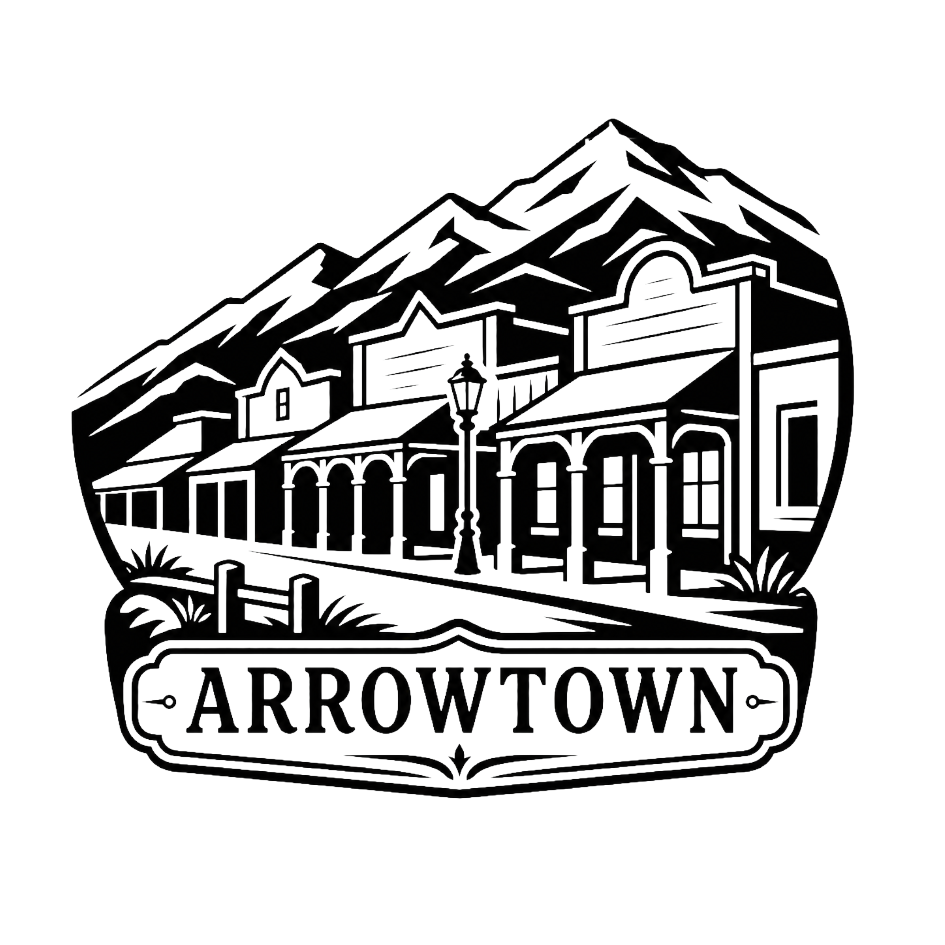 Line art illustration of a mountain town with buildings, a streetlight, and plants, accompanied by the text 'Arrowtown' at the bottom.
