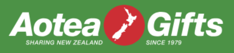 Logo for Aotea Gifts with green background, red circle featuring a white silhouette of New Zealand, and white text reading 'Aotea Gifts' with 'Sharing New Zealand since 1979' underneath.