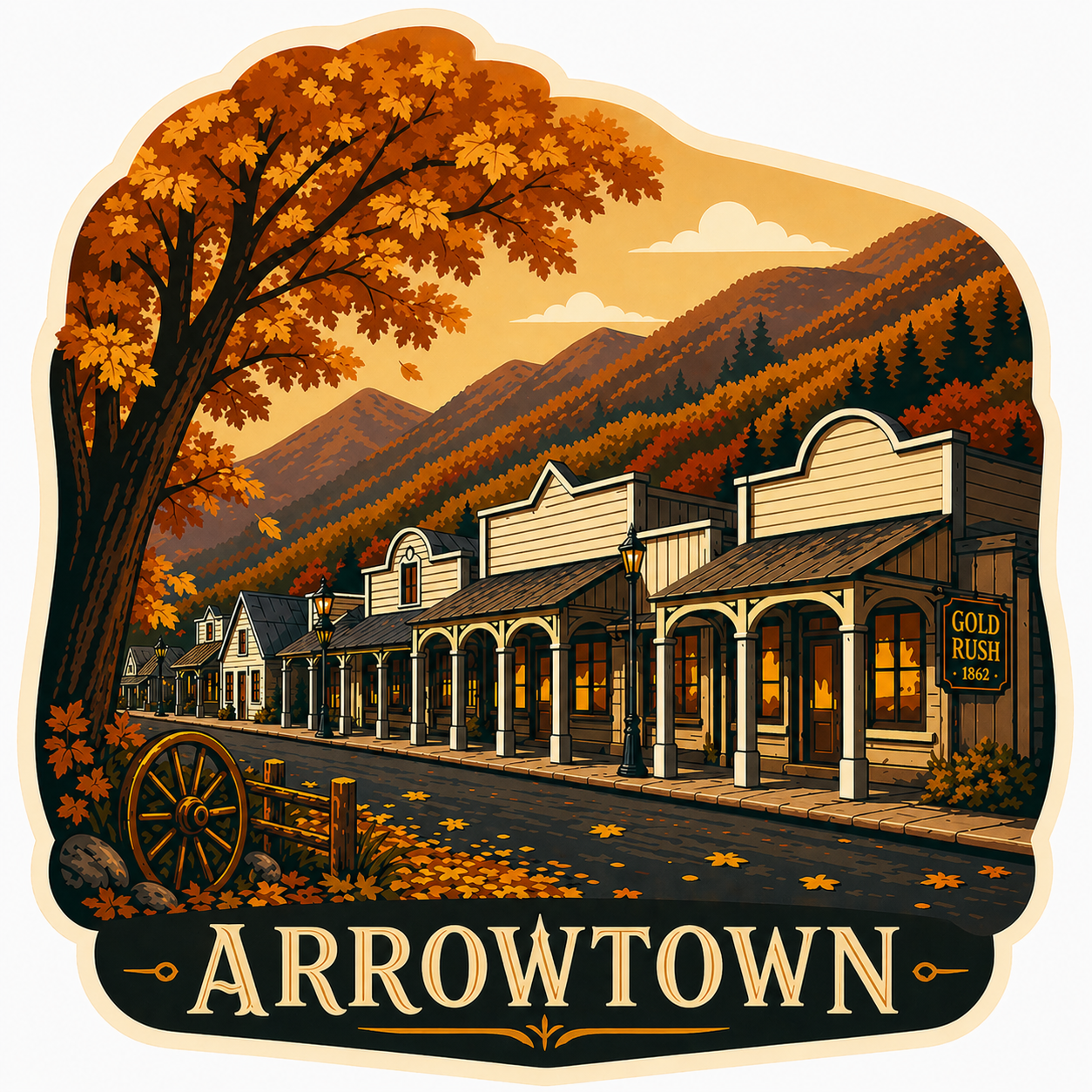 Illustration of Arrowtown, a historic town with old western-style buildings, lamp posts, and autumn foliage, with mountains in the background and a sign indicating Gold Rush 1862.