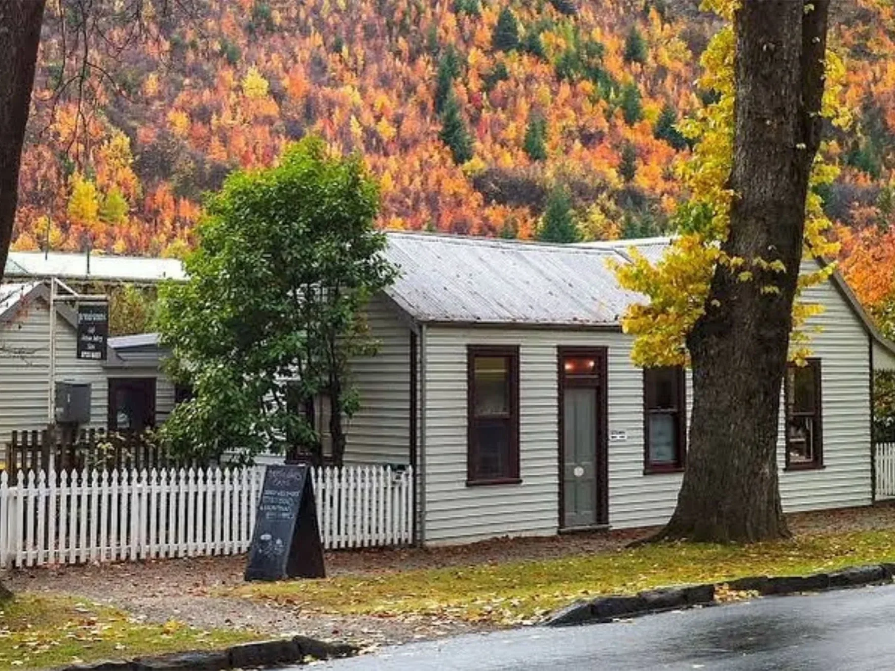 A small, light-colored house with dark trim, a metal roof, and a white picket fence in front, surrounded by trees, with colorful fall foliage on a hillside in the background.