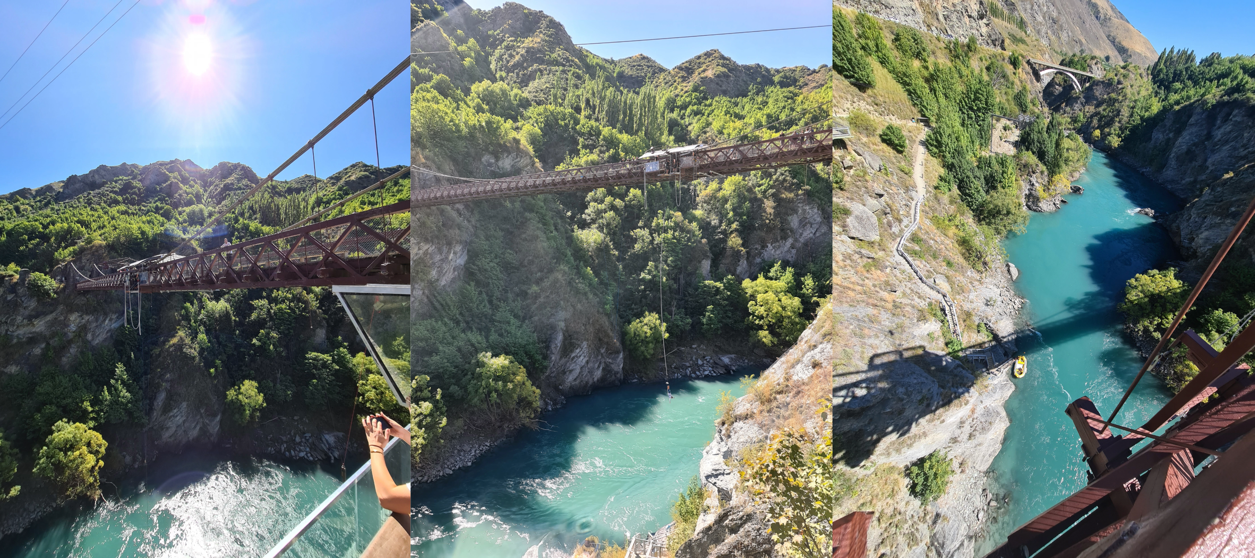 A person taking a photo of a suspension bridge over a canyon with a river below, surrounded by green trees and rocky cliffs, under a bright blue sky with the sun shining.