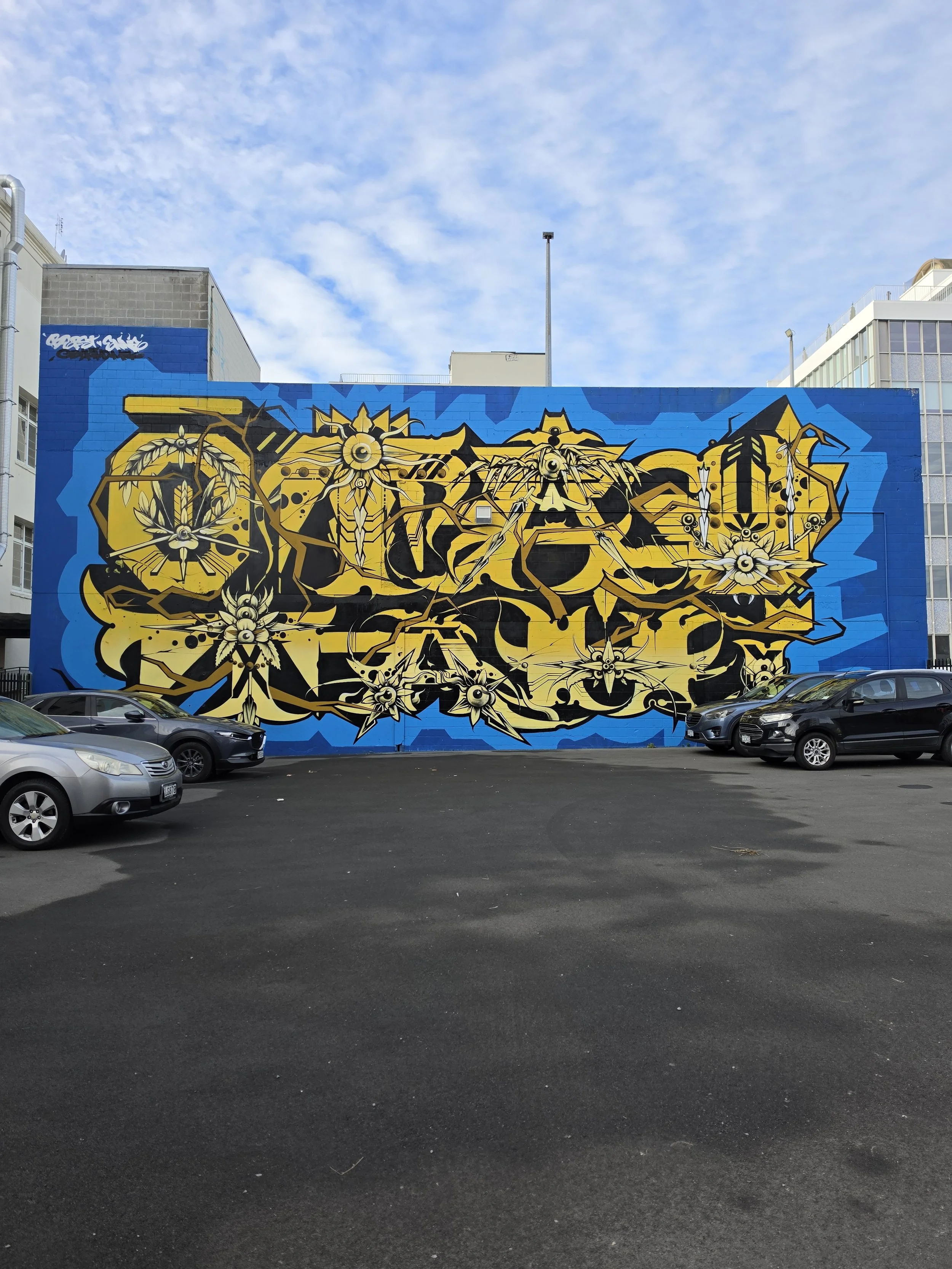 A large vibrant mural painted on the side of a building features abstract and floral designs in colors of yellow, black, and blue, with some cars parked in front of it.