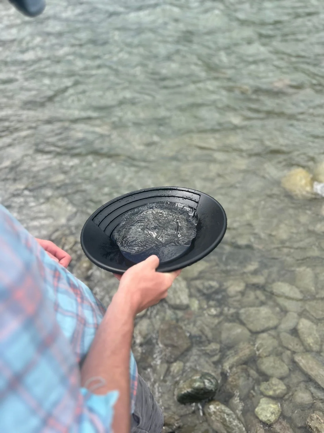 A person holding a black water scoop or net at the edge of a shallow rocky stream, wearing a plaid shirt.