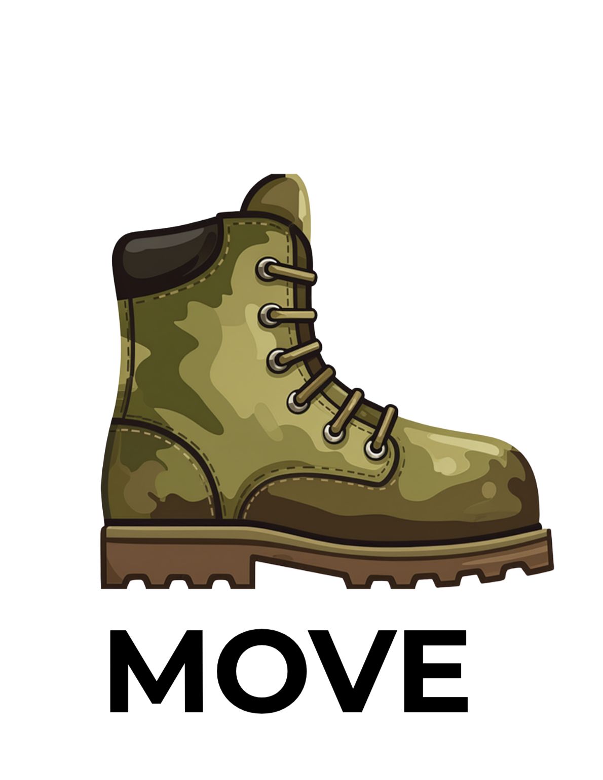 Digital illustration of a military-style combat boot with a camouflage pattern.