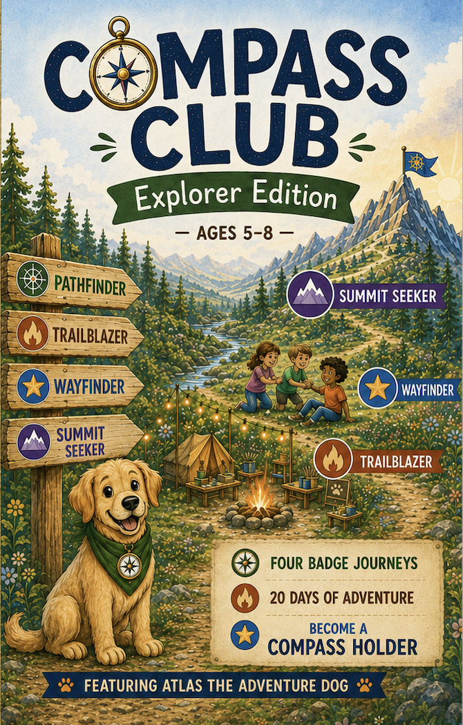 Cover of a children's book titled 'Compass Club Explorer Edition' for ages 5-8. Illustrated outdoor scene with mountains, trees, a stream, and children sitting around a campfire. A dog with a compass badge is in the foreground. Signposts for Pathfinder, Trailblazer, Wayfinder, and Summit Seeker are on the left. The book features four badge journeys, 20 days of adventure, and becoming a compass holder.
