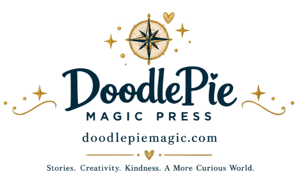 Logo for DoodlePie Magic Press featuring a compass rose with a heart, decorative swirls, stars, and the tagline 'Stories, Creativity, Kindness, A More Curious World'.