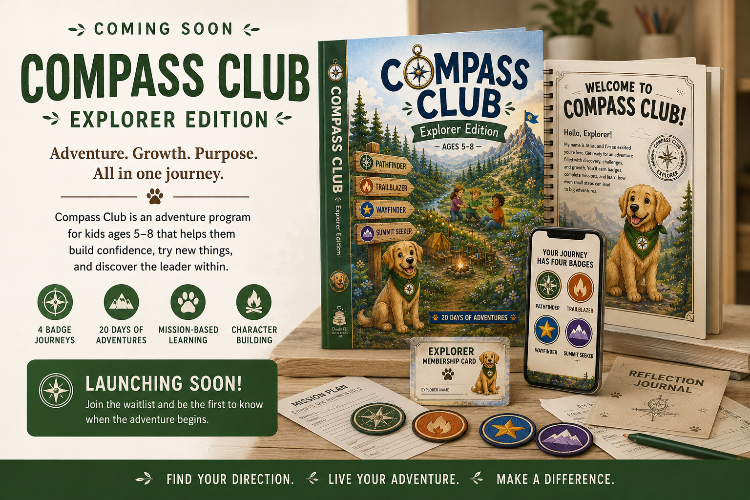 Display promoting the upcoming launch of Compass Club Explorer Edition, an adventure program for kids age 5-8, featuring badges, a membership card, guidebook, and badges for different adventure activities.