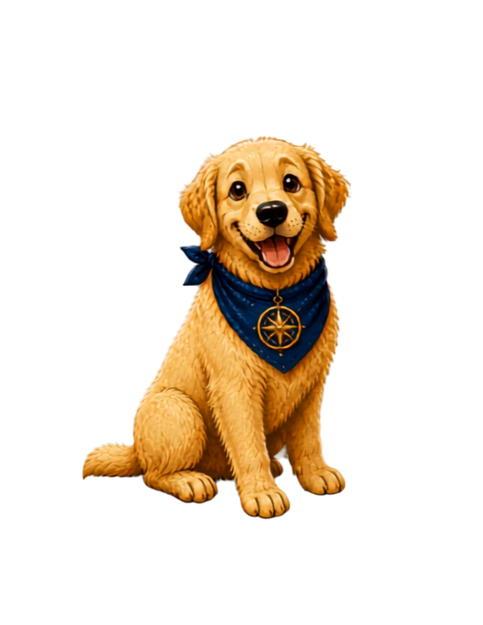 A cartoon puppy dog with floppy ears, sitting down and smiling, wearing a blue bandana with a gold compass pendant.