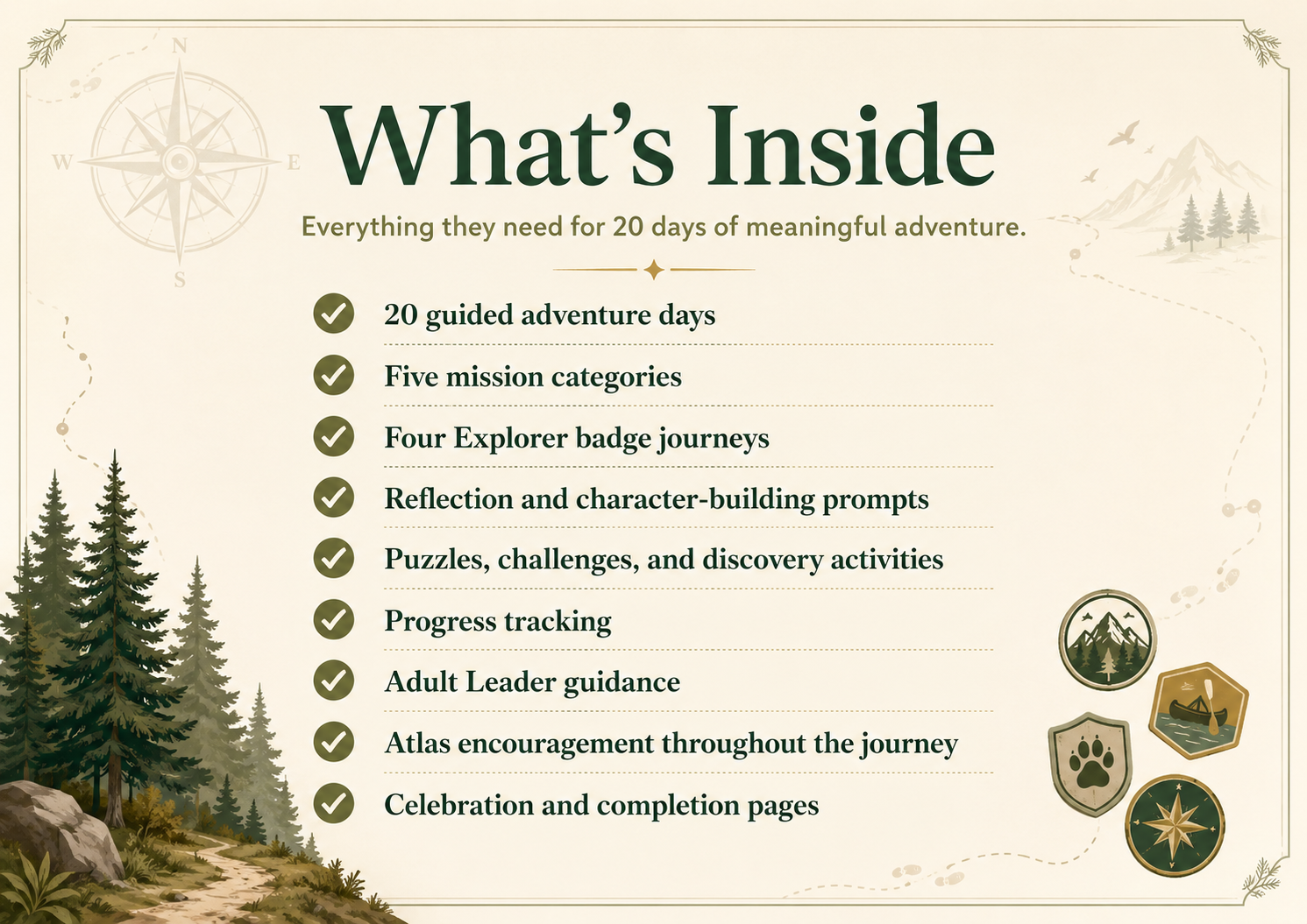 An informational graphic titled "What's Inside," detailing a 20-day adventure program. It lists features like guided adventure days, mission categories, explorer badge journeys, reflection prompts, puzzles and challenges, progress tracking, adult leader guidance, atlas encouragement, and celebration pages. The background includes a forest trail, a compass, and icons of mountains, trees, a canoe, a paw print, and a star compass.