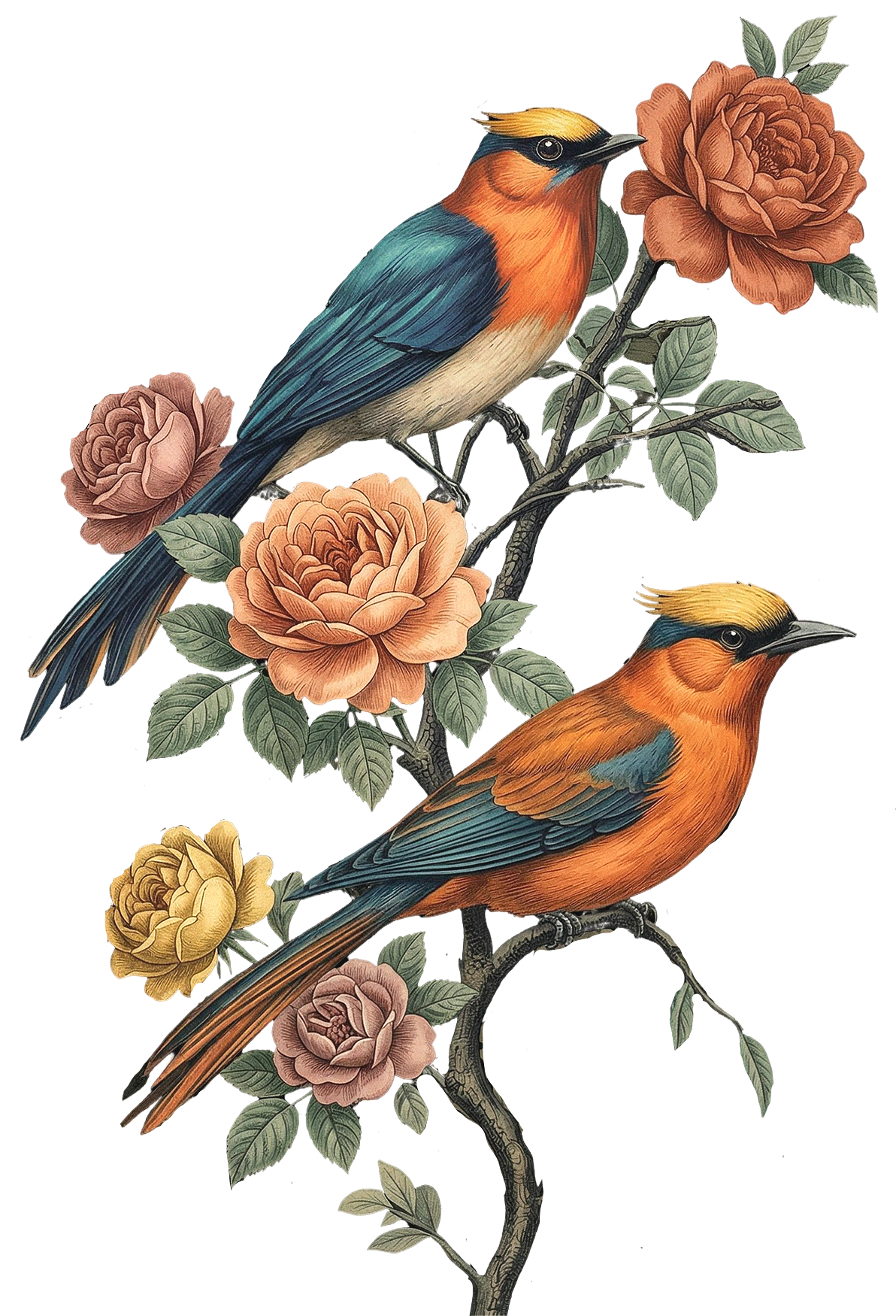 Two colorful birds perched on a flowering tree branch with pink, yellow, and peach roses, and green leaves.
