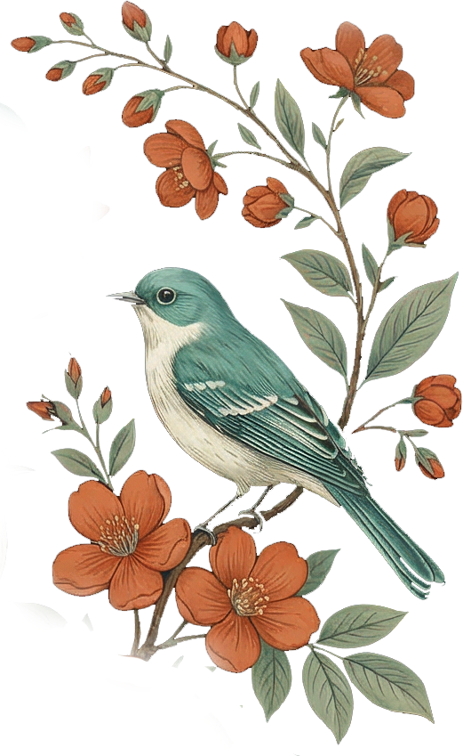 A blue and white bird perched on a branch surrounded by orange flowers and green leaves.