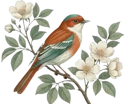 A colorful bird sitting on a branch with white flowers and green leaves signifying healing from chronic pain.