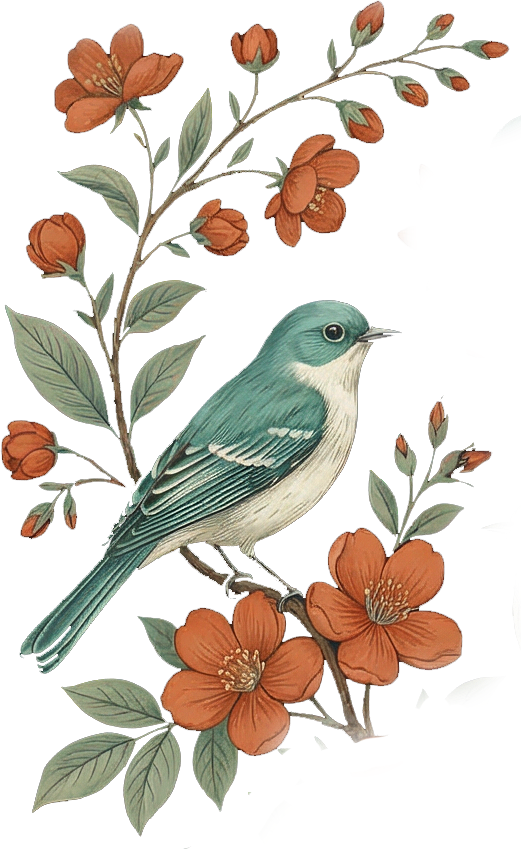 A detailed illustration of a small bird with blue and white feathers perched on a branch with orange flowers and green leaves.
