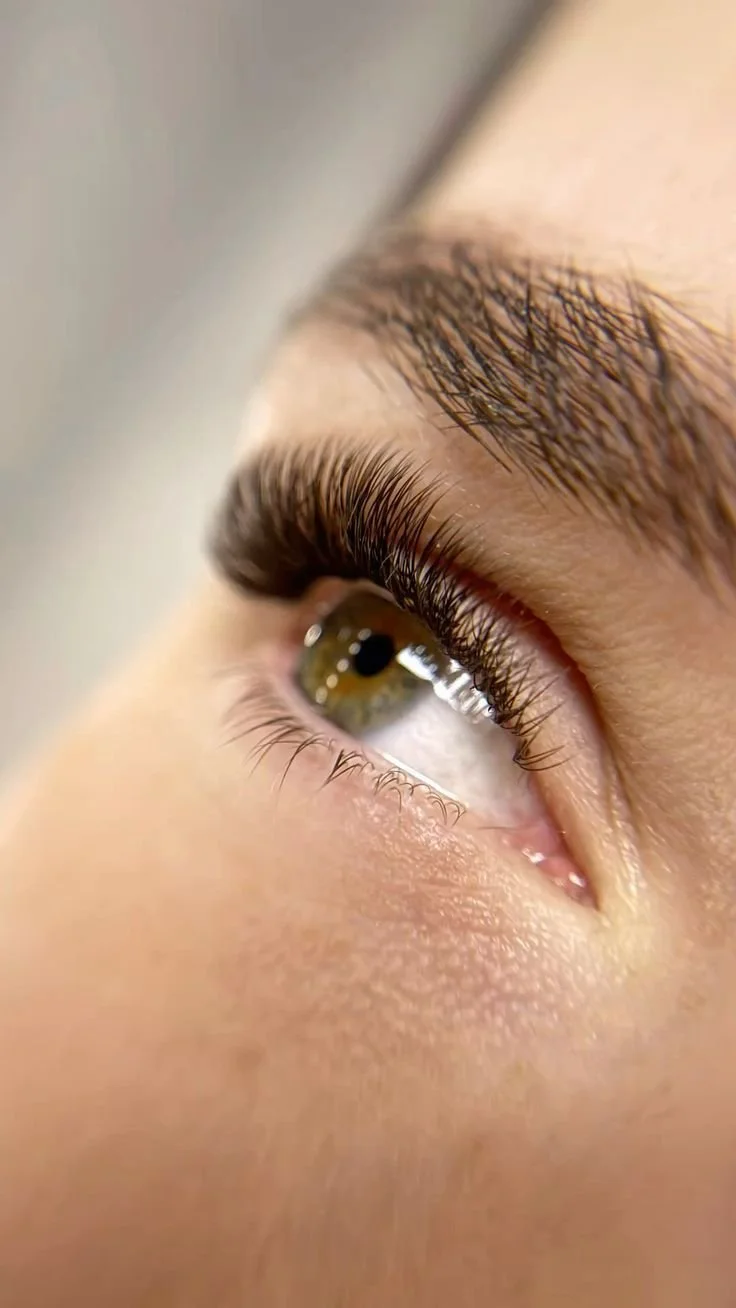 Close-up of a person's eye and eyebrow, showing detailed eyelashes, iris, and skin texture.