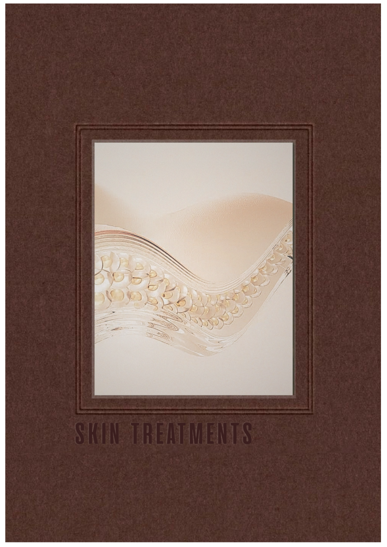 A brown box with a window showing a white, textured artwork with a wave pattern and skin tone colors. The box has the words "Skin Treatments" written on it.