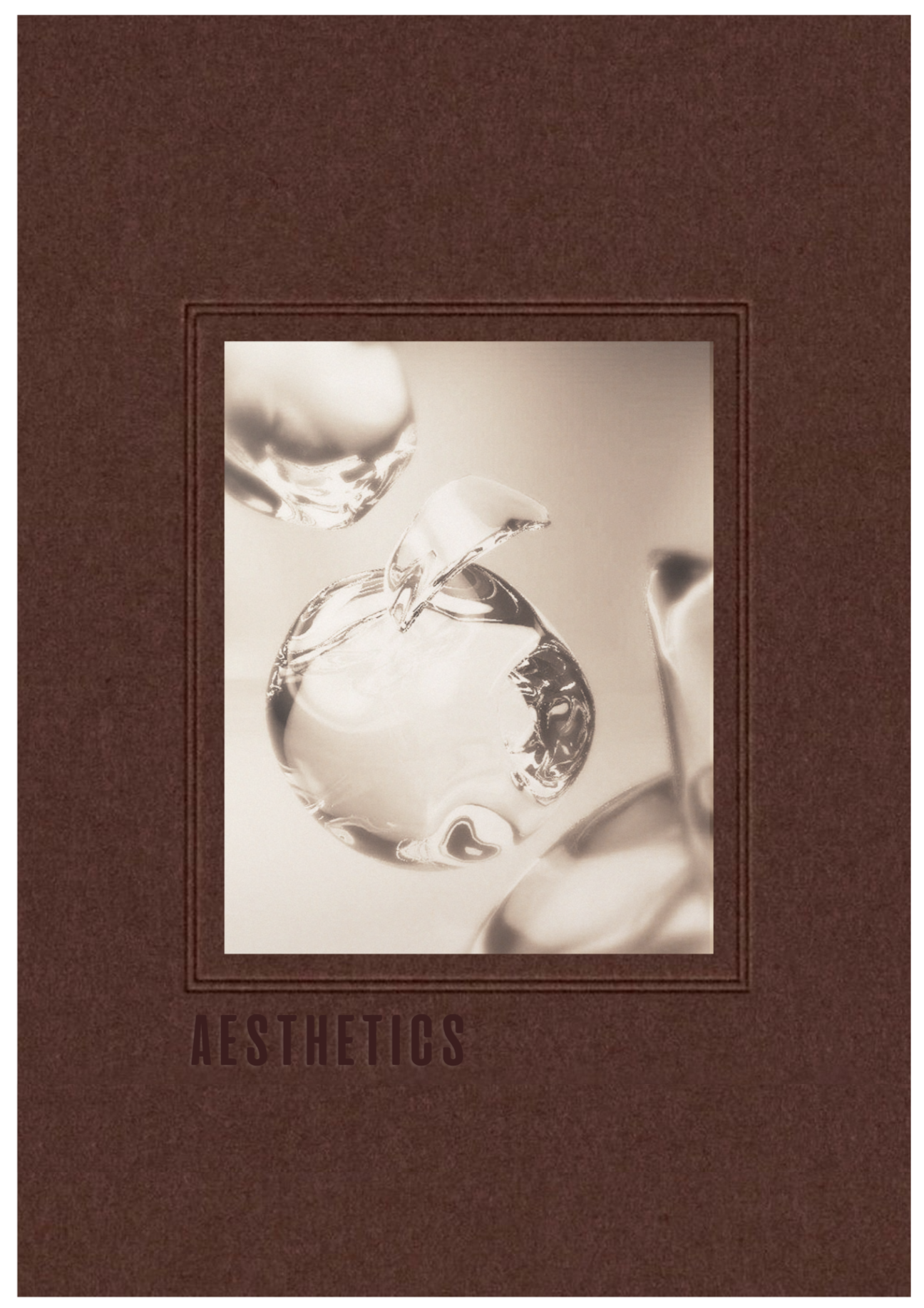 Close-up view of glass droplets or spheres on a beige surface with the word 'AESTHETICS' written below in dark brown.