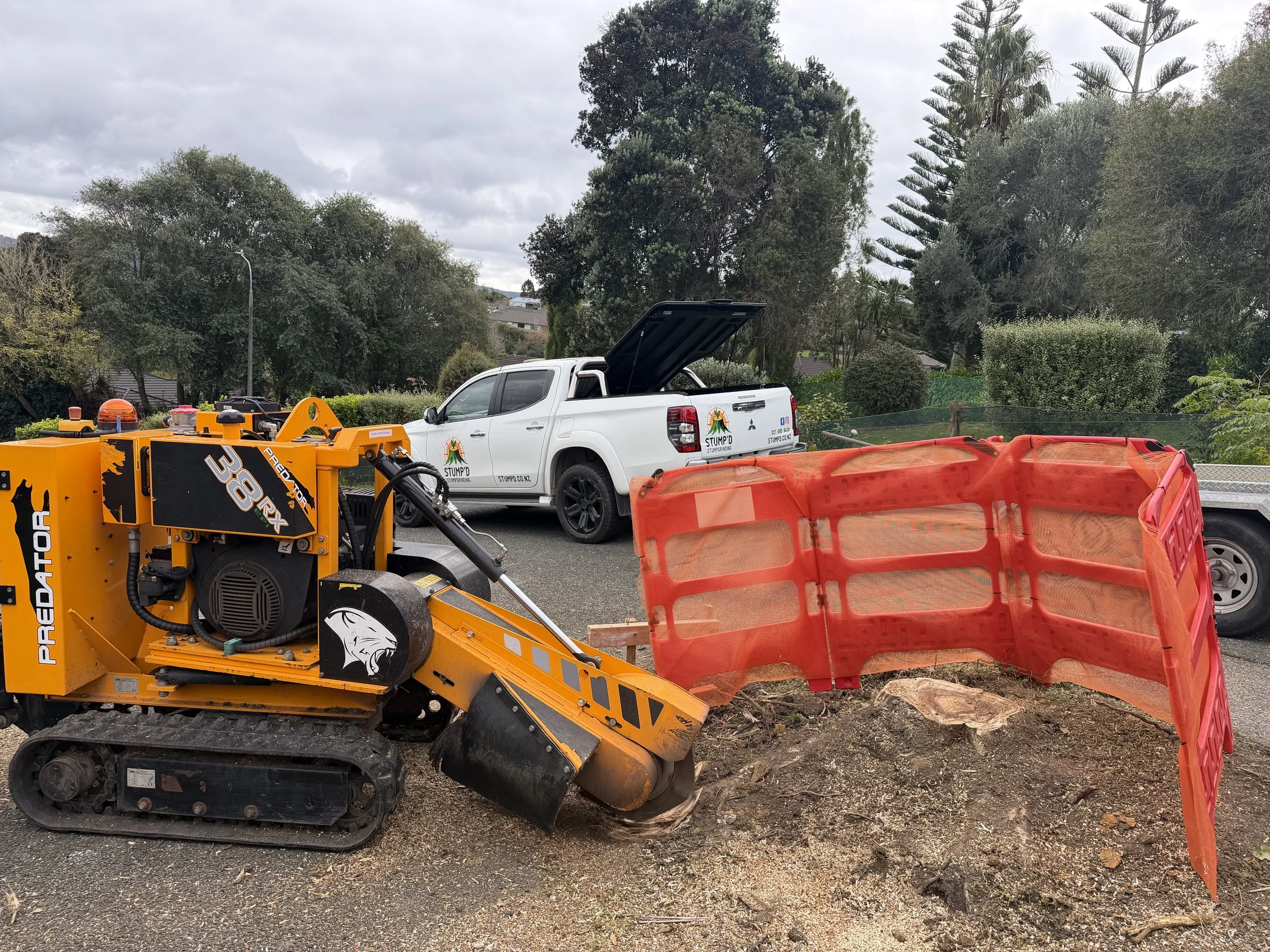 Construction scene with orange safety barriers, a yellow compact stumpgrinder with tracks, and a white truck labeled 'Stump'd' with a logo of a tree inside a sun.