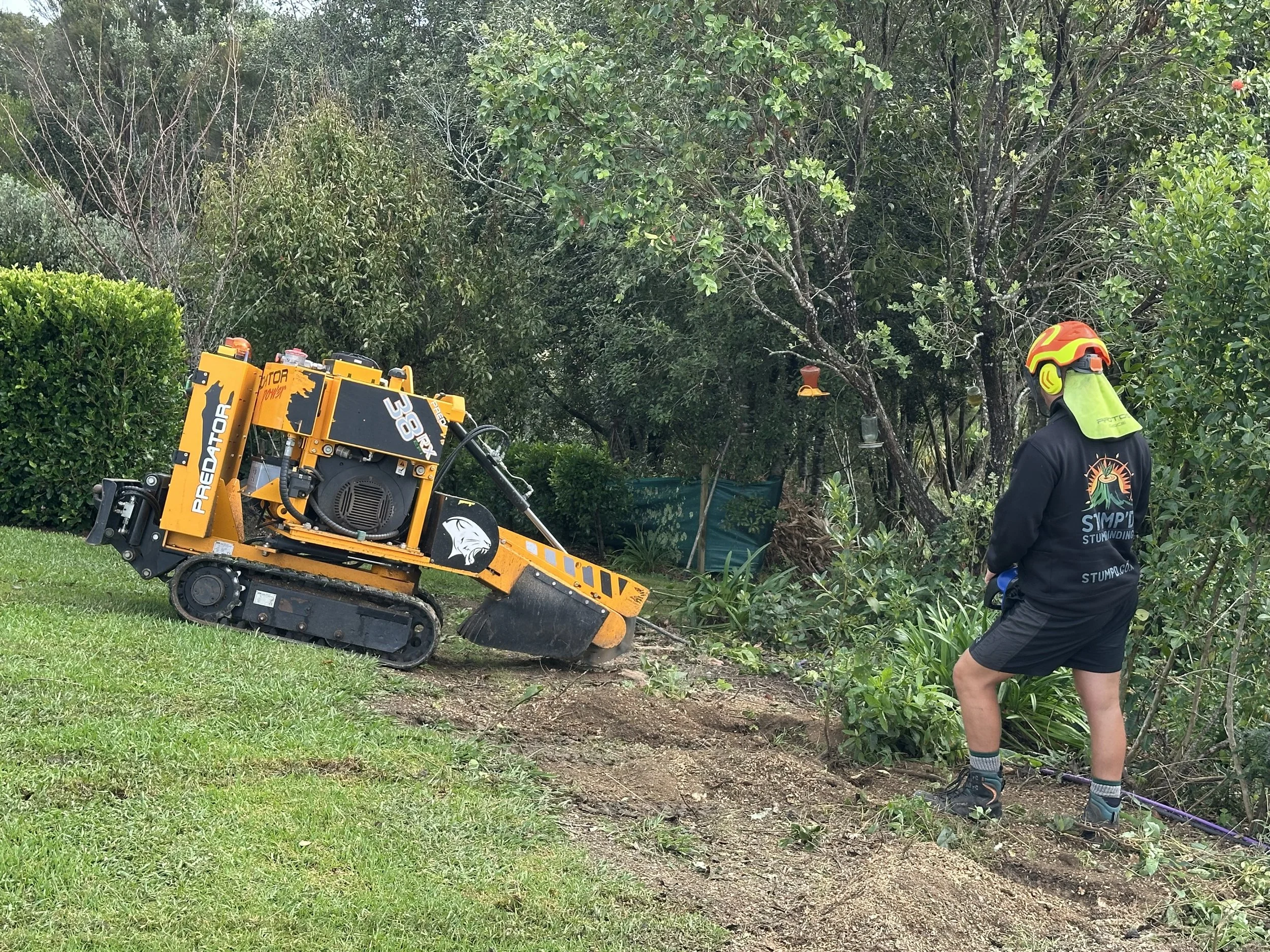 A person in a helmet and black hoodie is standing outside near trees and bushes, operating a robotic stump grinding machine with treads.