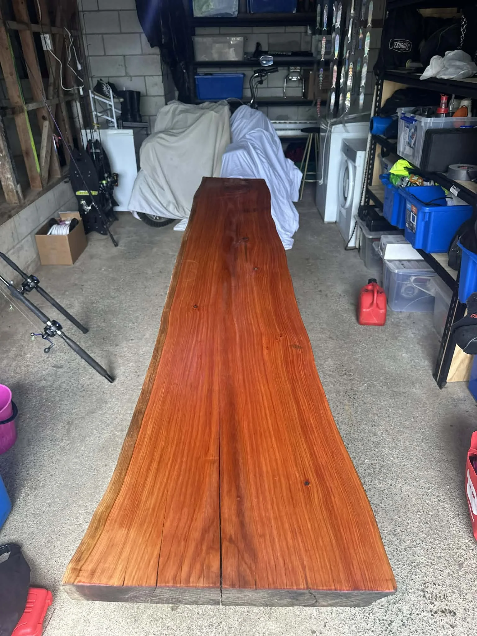 Milled and polished red wood slab