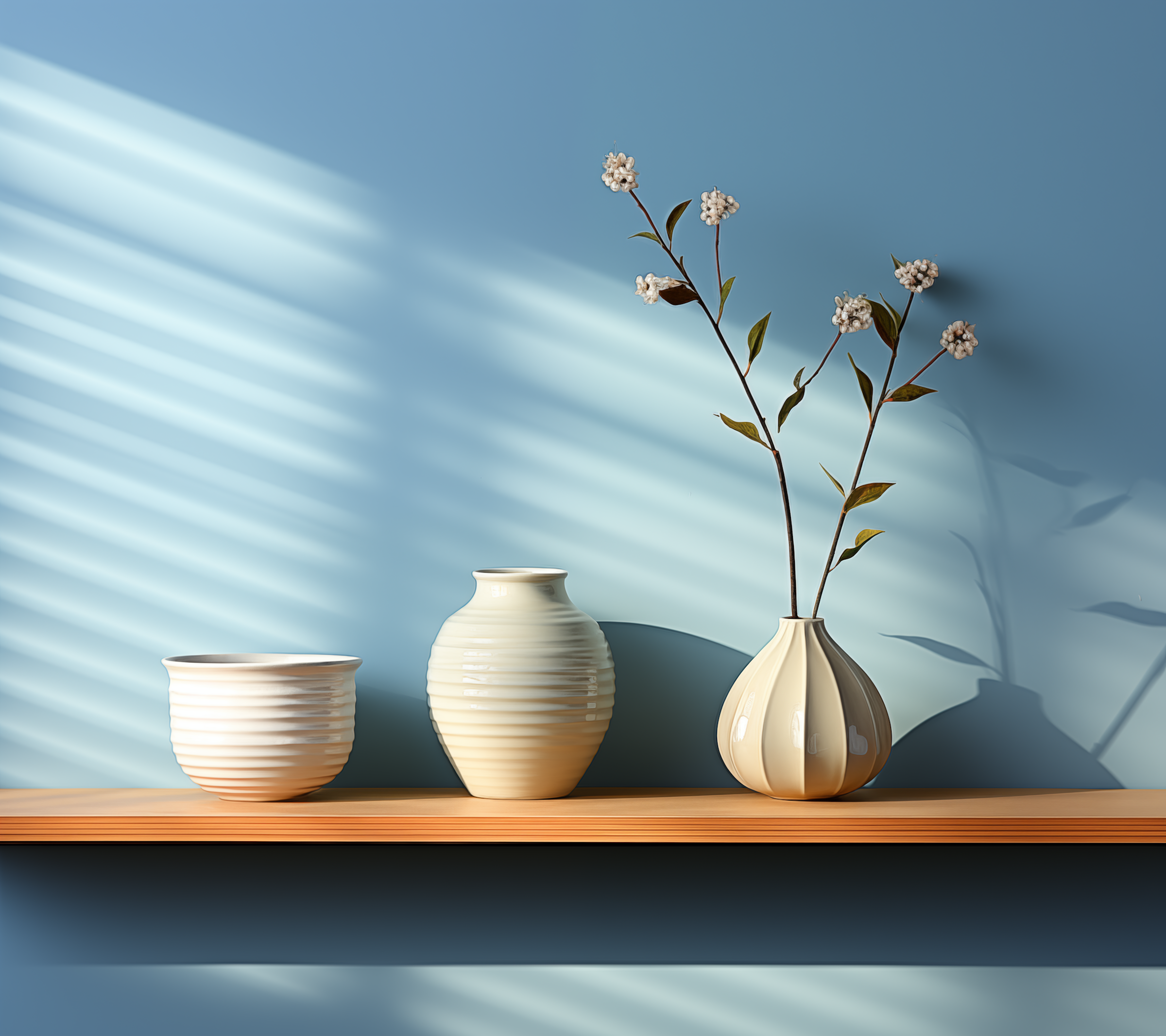 Three white ceramic vases with ribbed texture on a wooden shelf against a light blue wall, with shadows cast by window blinds.