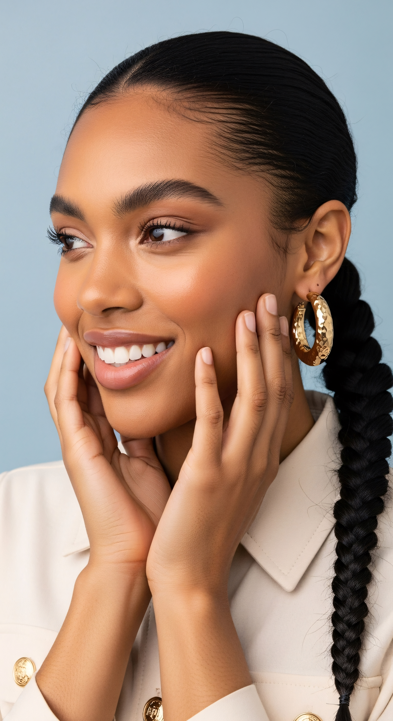 Close-up of a smiling young woman with dark hair in a braid, wearing large gold hoop earrings and a light-colored shirt, touching her face with both hands.