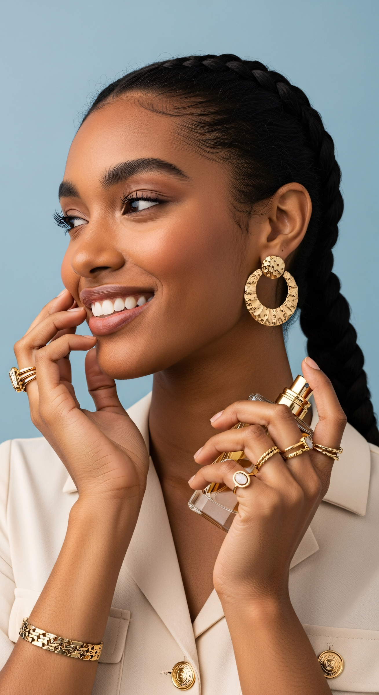 A young woman with dark braided hair, smiling and wearing gold jewelry including earrings, rings, and a bracelet, holding a perfume bottle, against a light blue background.