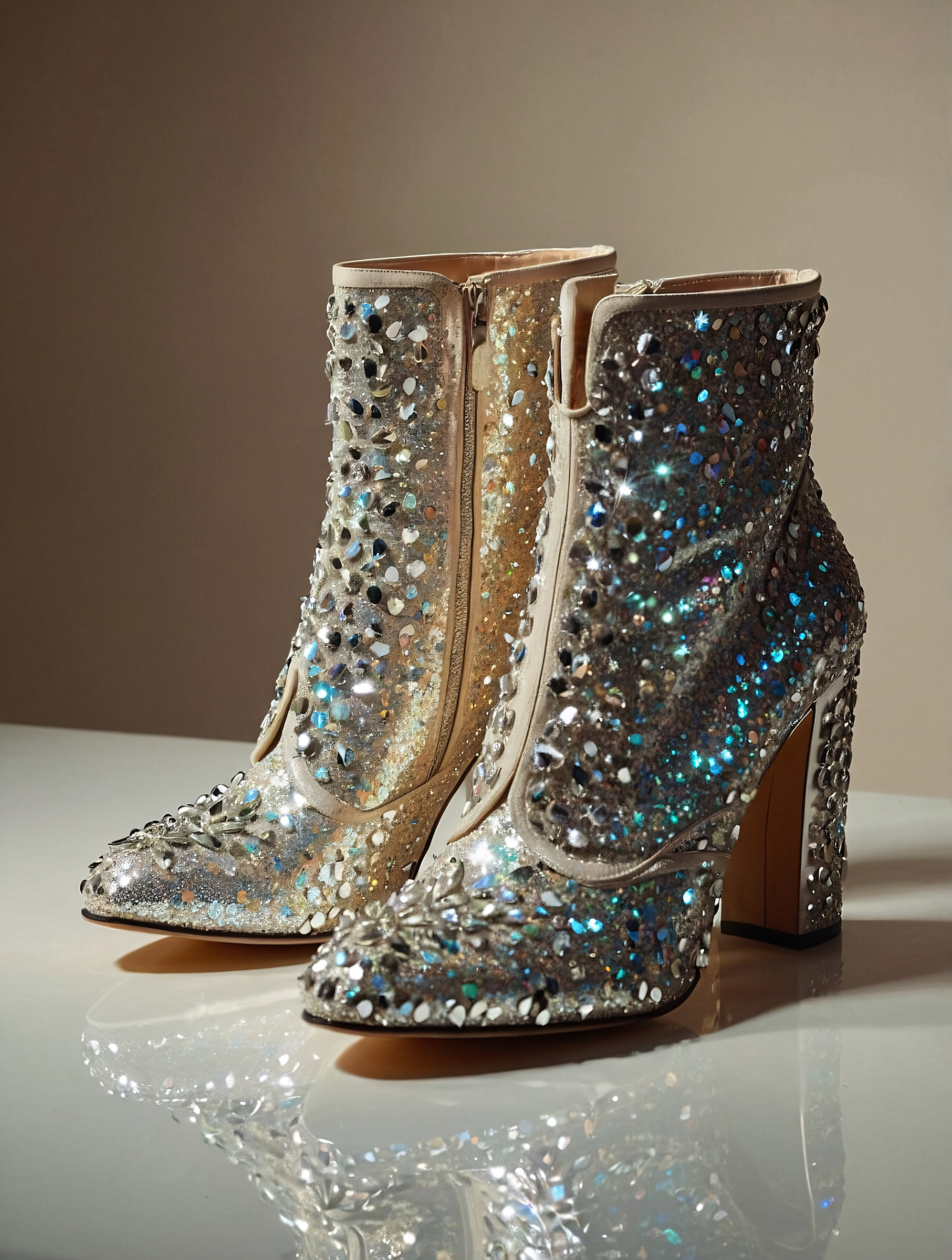 A pair of glamorous, silver, glittery, high-heeled boots covered in multicolored rhinestones, displayed on a reflective surface against a plain background.