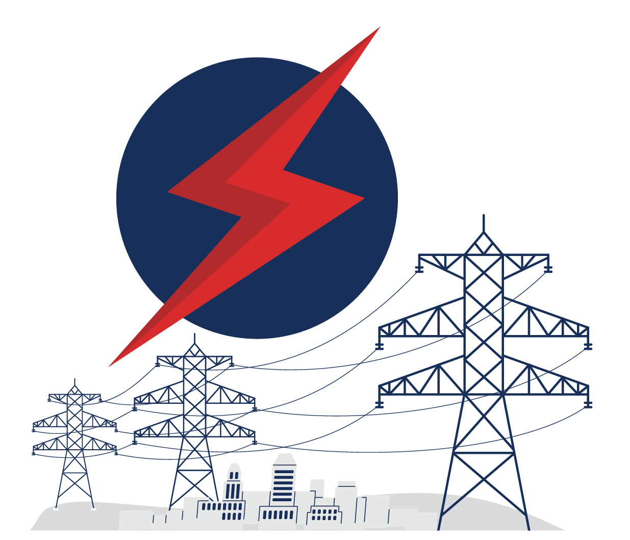 Illustration of high-voltage power lines and buildings with a large red lightning bolt and a dark blue power symbol in the sky, representing electrical energy.