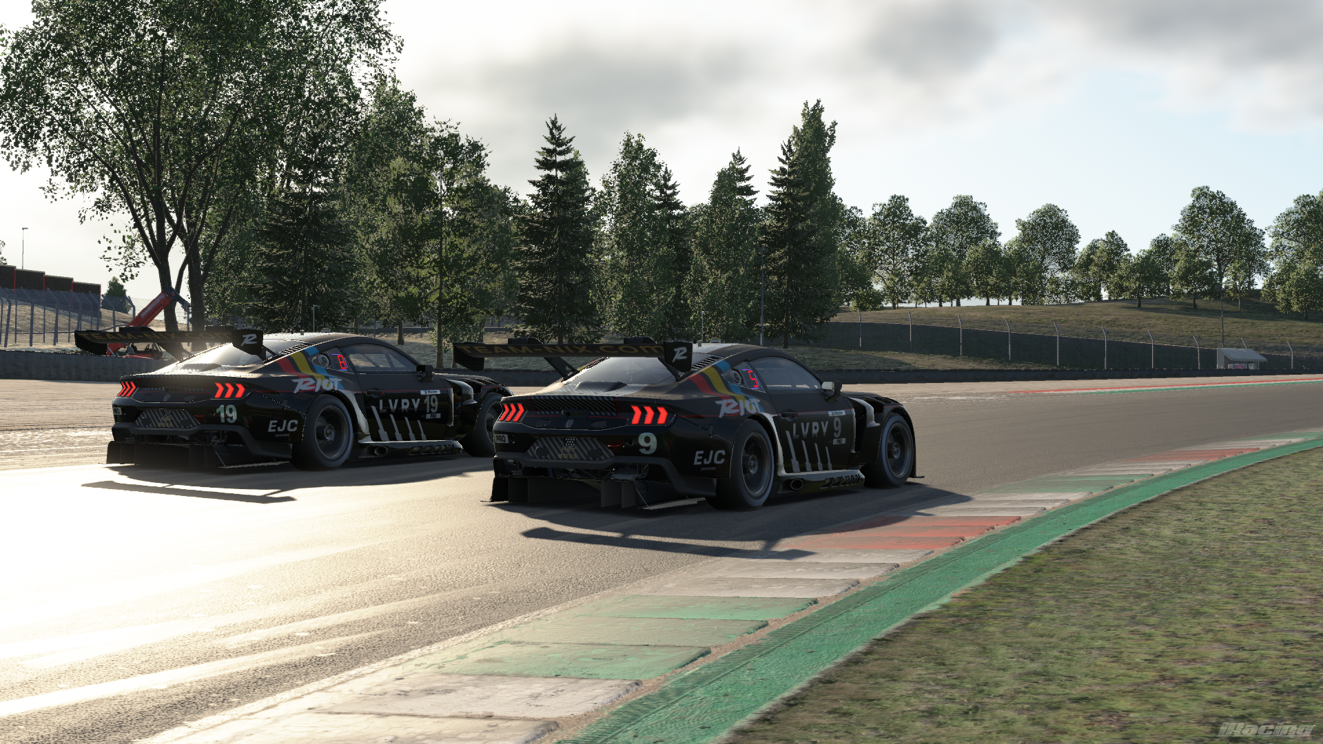 Two black race cars with red arrow decals and markings, numbered 19 and 9, on a race track, with trees and cloudy sky in the background.
