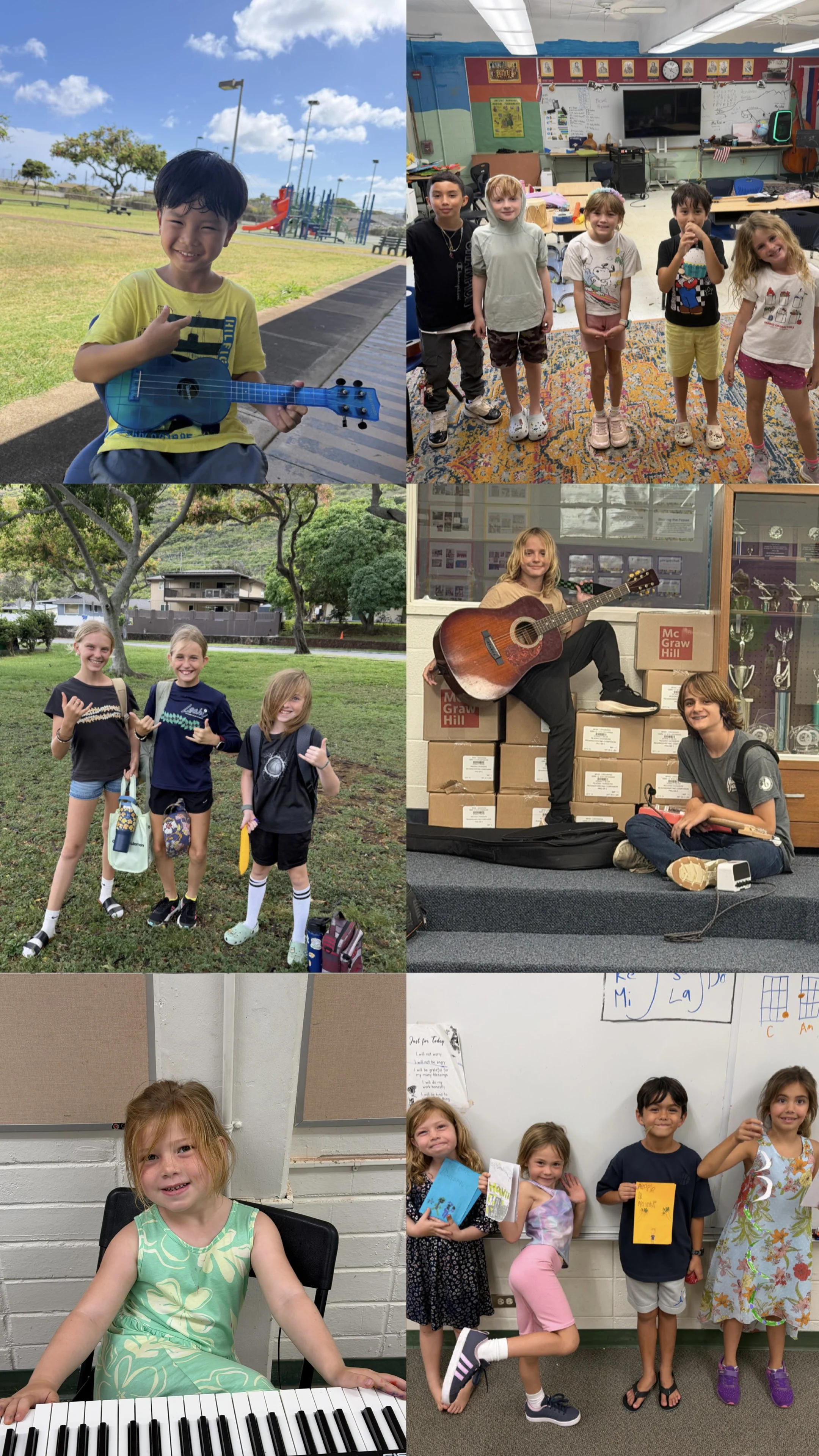 Collage of children in various settings, including outside at a park, in a classroom with a group of kids, a girl playing a guitar in a classroom, and a girl sitting at a piano, as well as children posing with books and tools in a classroom.