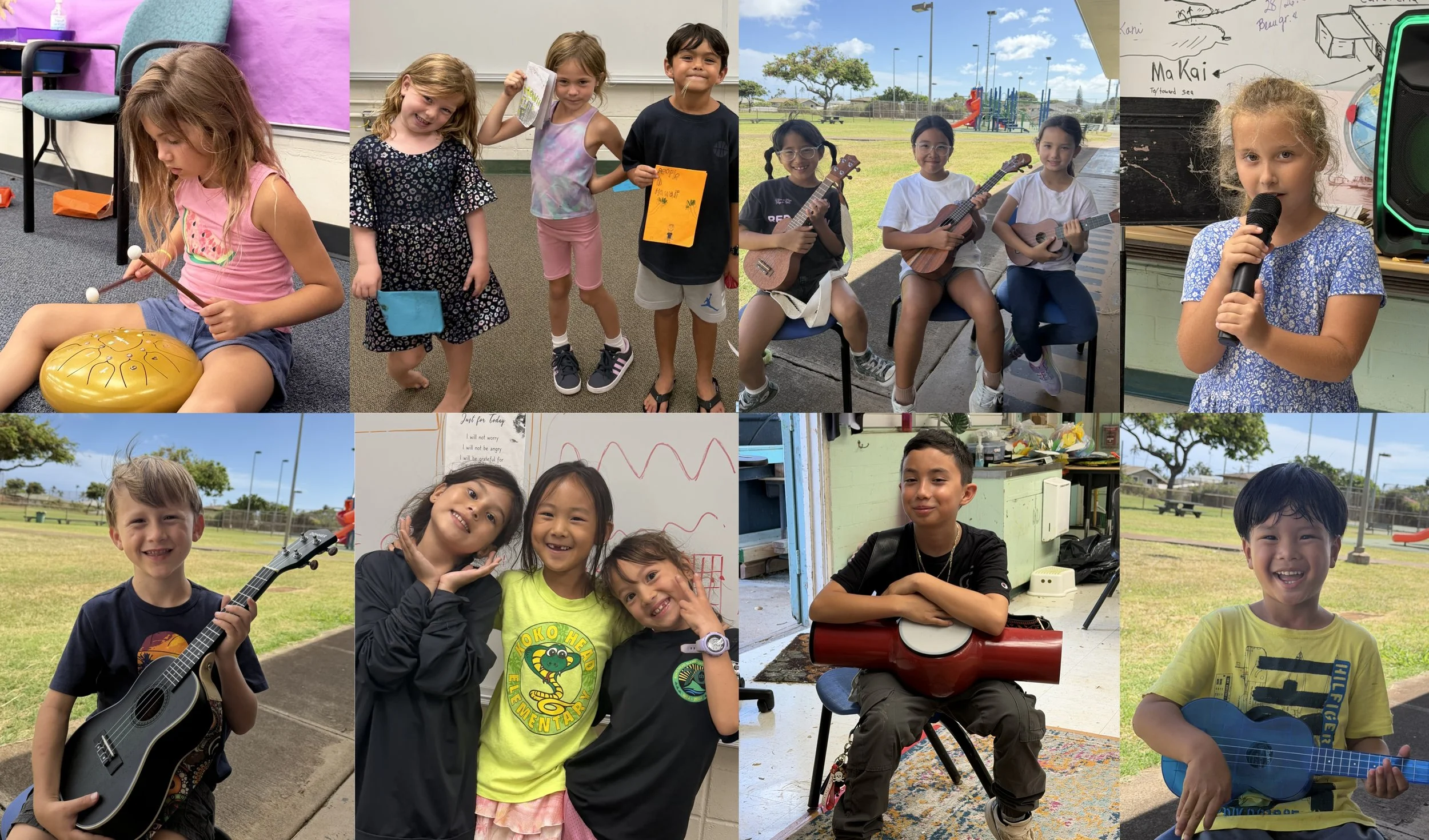 A collage of children participating in various activities, including playing musical instruments, singing, and posing outdoors and indoors at a school or community center.